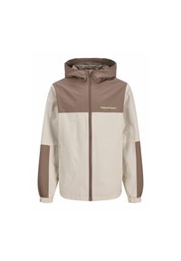 Giacca leggera con cappuccio, caratterizzata da un design a blocchi di colore beige e marrone. Presenta maniche lunghe, una zip frontale e una vestibilità rilassata.