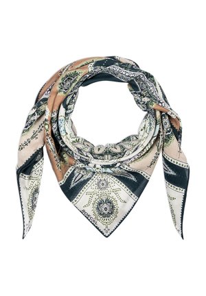 Quadratisches Tuch mit Paisley- und Blumenmustern in Grün, Beige, Schwarz und Weiß, zu einer dreieckigen Form gefaltet mit losen Enden.
