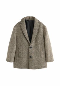 Brun frakk i herringbone-mønster med notch-lapel, dobbeltknapper og sidelommer. Tekstureret uldmateriale og sort foer.