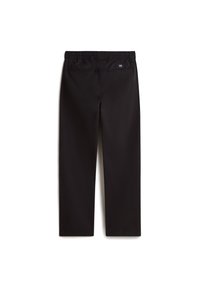 Pantalon noir avec une taille élastique, texture lisse, coupe droite et une étiquette logo à l'arrière. Style simple et polyvalent.