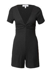 Schwarzer kurzer Jumpsuit mit V-Ausschnitt, kurzen Ärmeln und verdrehtem Frontdetail. Hergestellt aus strukturiertem Stoff und mit taillierter Silhouette.