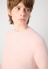 Pull léger rose avec une texture douce, col rond et manches raglan. Le tissu semble confortable et légèrement ample.