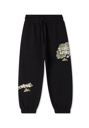 Pantaloni tuta neri in cotone, con stampe in stile graffiti verdi e bianche, polsini elasticizzati e vita regolabile con cordino.