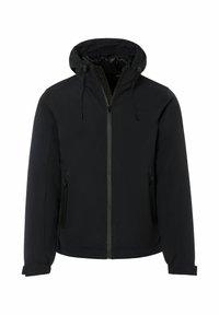 Zwarte hoodie met frontale ritssluiting, trekkoorden op de capuchon en ritszakken aan de zijkant, ontworpen voor koude weersomstandigheden.