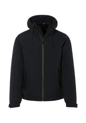 Schwarze Kapuzenjacke mit vorderem Reißverschluss, Kordelzügen an der Kapuze und seitlichen Reißverschlusstaschen, entworfen für kaltes Wetter.