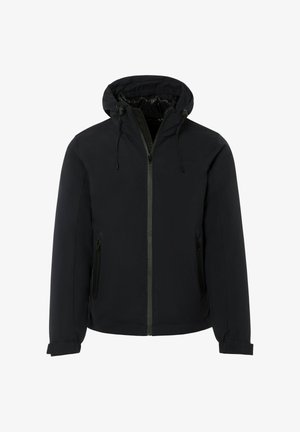 Zwarte hoodie met frontale ritssluiting, trekkoorden op de capuchon en ritszakken aan de zijkant, ontworpen voor koude weersomstandigheden.