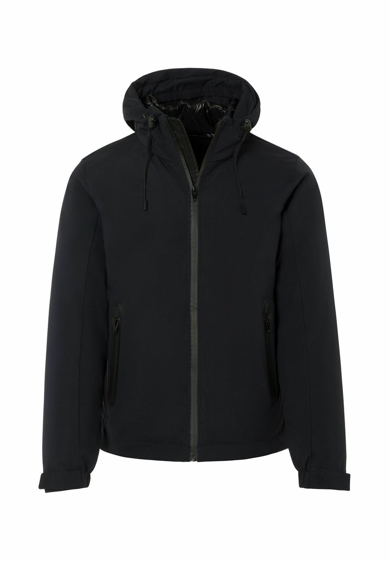 Zwarte hoodie met frontale ritssluiting, trekkoorden op de capuchon en ritszakken aan de zijkant, ontworpen voor koude weersomstandigheden.