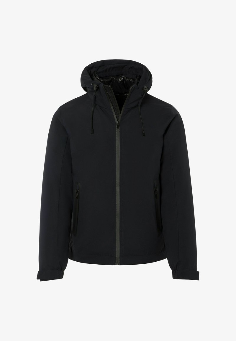 Schwarze Kapuzenjacke mit vorderem Reißverschluss, Kordelzügen an der Kapuze und seitlichen Reißverschlusstaschen, entworfen für kaltes Wetter.