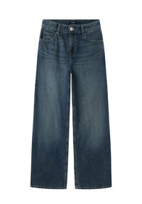 Široké džíny v tmavě modré barvě z denimu se světlejším efektem odrhnutí, s knoflíkovým zapínáním a pěti kapsami. Odolný bavlněný materiál.