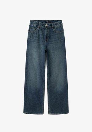 Laiad tumedast sinisest denimist teksad, millel on kerge kulumine, koos nupuvajutuse ja viie taskuga. Vastupidav puuvillane materjal.