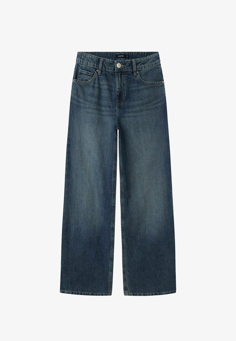 Široke temno modre kavbojke iz jeansa z lahkim bledečim učinkom, opremljene z gumbom in petimi žepi. Trajen bombaž.