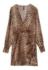 Abito con stampa leopardata, maniche lunghe, scollatura a V e vita arricciata. Realizzato in un tessuto morbido, presenta una combinazione di motivi marroni, neri e beige.