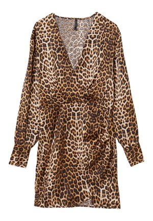 Abito con stampa leopardata, maniche lunghe, scollatura a V e vita arricciata. Realizzato in un tessuto morbido, presenta una combinazione di motivi marroni, neri e beige.