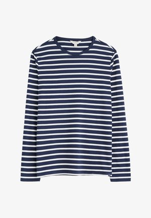 Dunkelblaues Langarm-T-Shirt mit weißen horizontalen Streifen, runder Halsauschnitt und seitlichen Schlitzen am Saum. Weicher Baumwollmaterialien.