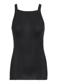 Schwarzes, geripptes Tanktop mit schmalen Trägern, das eine figurbetonte Passform und einen strukturierten Stoff aufweist. Die Kanten sind leicht fransig für einen lässigen Look.