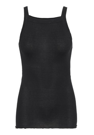 Černý žebrovaný top s úzkými ramínky, se slim fit designem a texturovanou látkou. Okraje jsou mírně ošuntělé pro ležérní vzhled.