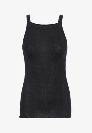 Black ribbed tank top with narrow straps, featuring a fitted design and textured fabric. Edges are slightly frayed for a casual look.
