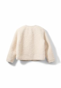 Krémovo sfarbená, textúrovaná, nadýchaná bunda s dlhými rukávmi a zaobleným výstrihom. Má jednoduchý, rovný lem na spodnej časti.