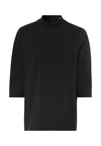 Svart bomullstopp med hög mock-neck, trekvartslånga ärmar och rak siluett. Slät textur, inga synliga mönster eller detaljer.