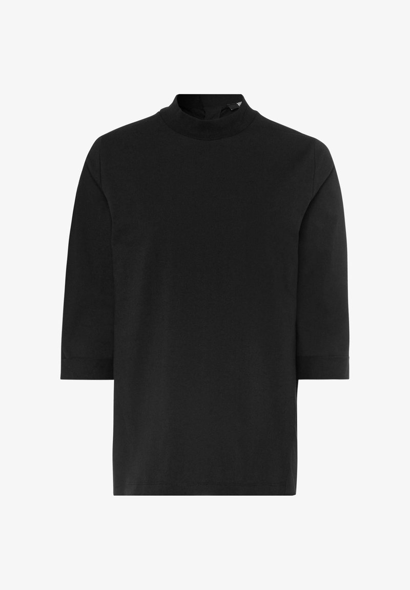 Černý bavlněný top s vysokým stojáčkem, tříčtvrtečními rukávy a rovnou siluetou. Hladká textura, žádné viditelné vzory nebo kovové komponenty.