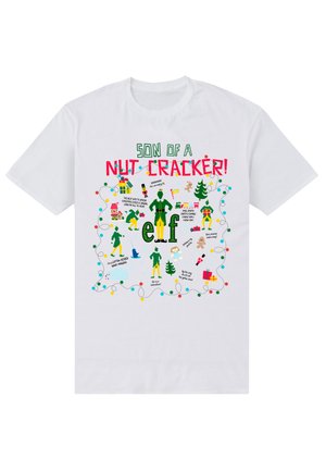 Bílé tričko s krátkým rukávem s barevnými grafikami. Text zní „SOUSYN LÍSKOVÉHO OŘÍŠKU!“ s zelenými a červenými motivy, ikonami s vánoční tématikou.