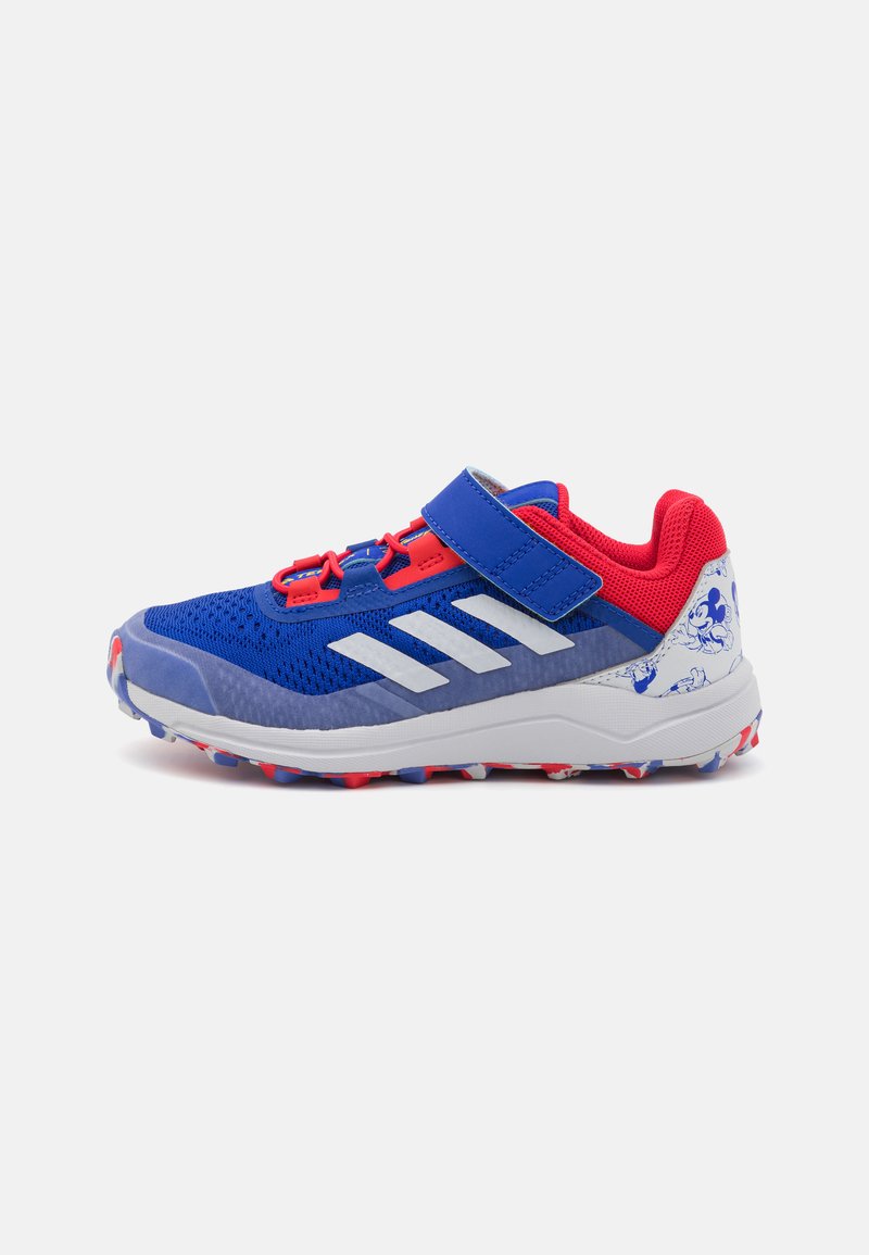 Blue athletic shoes with a mesh upper, red accents, white stripes, and a hook-and-loop strap, featuring a patterned heel and textured sole.
