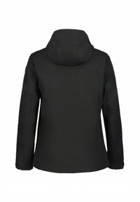 Svart huva jacka med långa ärmar, slät textur och rak nederkant. Funktioner inkluderar en enkel design och avsaknad av synlig hårdvara.