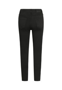 Jean skinny noir taille haute, en denim extensible. Comprend deux poches arrière et une texture lisse. Pas de métal visible.