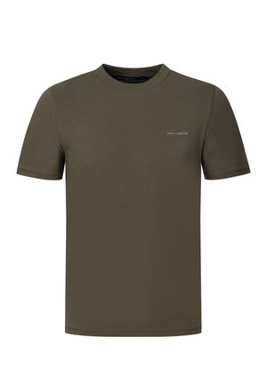 T-shirt verde oliva a maniche corte con scollo rotondo e piccolo testo bianco "Karl Lagerfeld" sul petto sinistro.