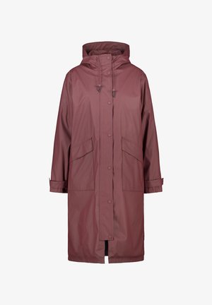 Impermeabile lungo in bordeaux scuro, dotato di cappuccio, due tasche frontali, chiusura con bottoni a pressione e polsini regolabili.