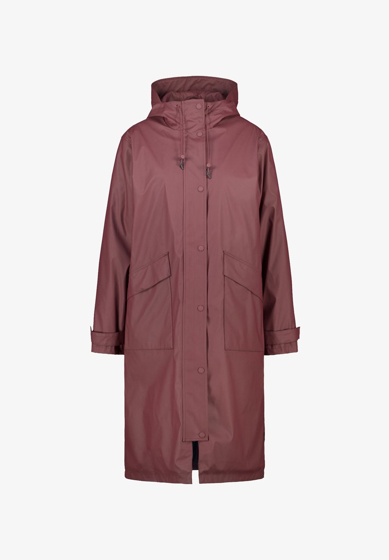 Water-resistant long raincoat in dark burgundy, featuring a hood, two front pockets, snap button closure, and adjustable sleeve cuffs.