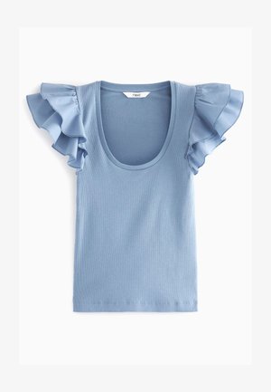 T-shirt à manches courtes côtelé bleu clair avec des accents volantés aux épaules et un col rond. Texture lisse avec une silhouette ajustée.