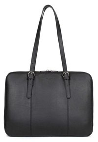 Zwarte leren tote bag met een gladde textuur, twee lange hengsels, zilveren hardware en subtiele stikdetails. Ritssluiting aan de bovenkant.