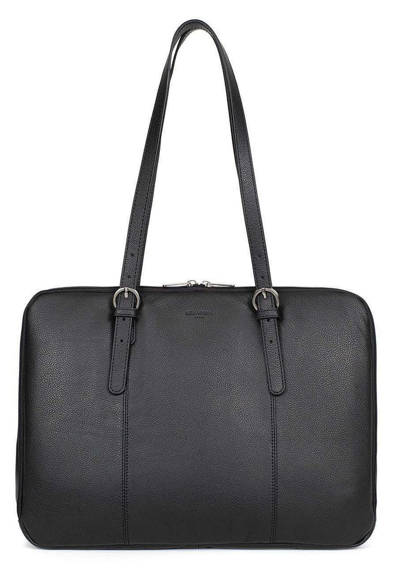 Zwarte leren tote bag met een gladde textuur, twee lange hengsels, zilveren hardware en subtiele stikdetails. Ritssluiting aan de bovenkant.