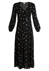 Sort blomsterkjole med lange puffærmer, V-udskæring, knaplukning og små lyserøde blomsterprint overalt. Glat stof med en flydende silhuet.