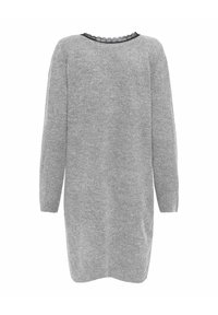 Vestido de suéter gris con mangas largas, escote redondo y ribete de encaje negro en el cuello. Textura suave y diseño simple y relajado.