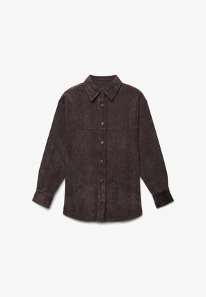 Brown corduroy shirt featuring a pointed collar, button front, long sleeves, and a clean, textured finish.