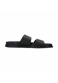 Mules en cuir noir avec deux brides. Semelle plate avec un bord texturé pour une meilleure adhérence. Design simple et minimaliste sans embellissements.