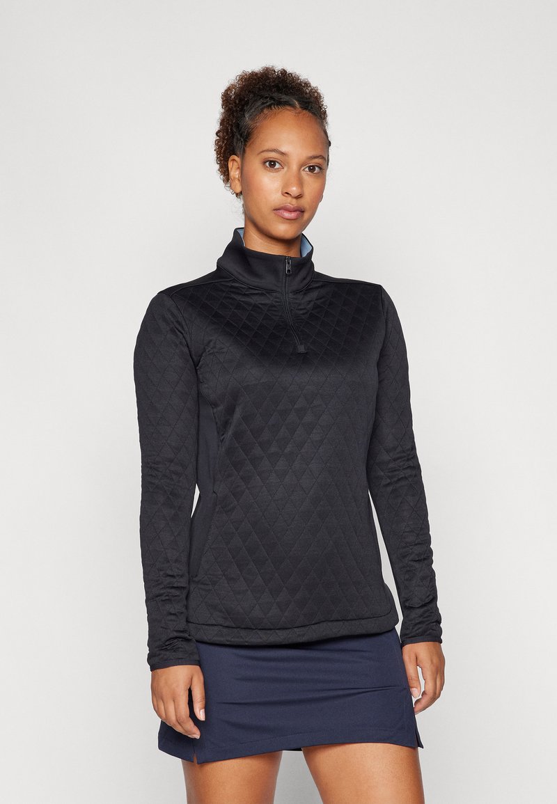 Černý prošívaný pulovr s límečkem na zip, dlouhými rukávy a texturovaným diamantovým vzorem. V kombinaci s tmavě modrou sukní.