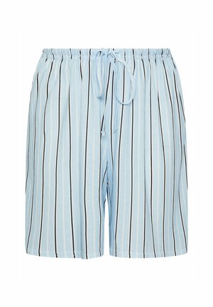 Hellblaue Shorts mit vertikalen schwarzen und weißen Streifen, elastischem Bund und einer vorderen Kordelzugbinde.