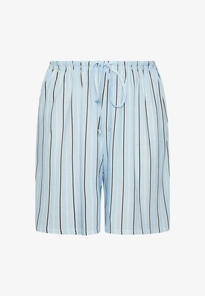 Lyseblå shorts med lodrette sorte og hvide striber, elastisk talje og en snøre foran.