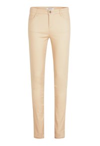 Beige slim-fit broeken gemaakt van gladde stof, met vijf zakken, een knoopsluiting en een taps toelopend ontwerp.