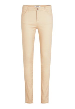 Beige Slim-Fit-Hosen aus glattem Stoff, mit fünf Taschen, Knopfverschluss und schmal zulaufendem Bein.