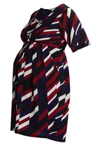 Raskausmekko, jossa on V-aukko, lyhyet hihat ja monivärinen raidallinen kuvio punaisena, tummansinisena ja valkoisena, sekä rento istuvuus.