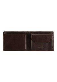 Cartera de cuero marrón con diseño bi-fold. Cuenta con múltiples ranuras para tarjetas y un bolsillo, mostrando una textura suave y un estilo minimalista.