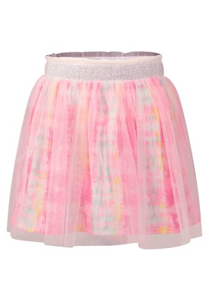 Jupe en tulle rose avec un motif aquarelle coloré, une ceinture élastique argentée, un design en couches et une coupe mi-genou.