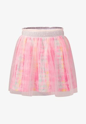 Jupe en tulle rose avec un motif aquarelle coloré, une ceinture élastique argentée, un design en couches et une coupe mi-genou.
