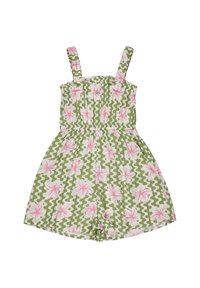 Grön blommig jumpsuit med rosa och vita hibiskusmönster, smockad byst och justerbara axelband med ett böljande vitt bakgrundsdesign.
