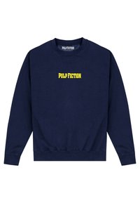 Navy-blauwe sweatshirt met lange mouwen, geribbelde manchetten en tailleband. Bevat een gele "PULP FICTION" logo op de voorkant. Katoenen materiaal.