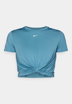 Blue short-sleeve cropped t-shirt made of smooth fabric with a knotted front design and a white Nike logo on the chest.